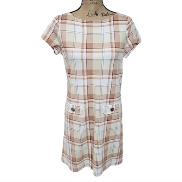 Ann Taylor tan plaid‎ Acedemia stretch 60s vibes dress size SP PETITE NEW! - Picture 1 of 7